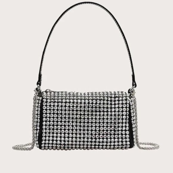 Black with silver Rhinestone Chain Square Bag purse - Picture 3 of 11